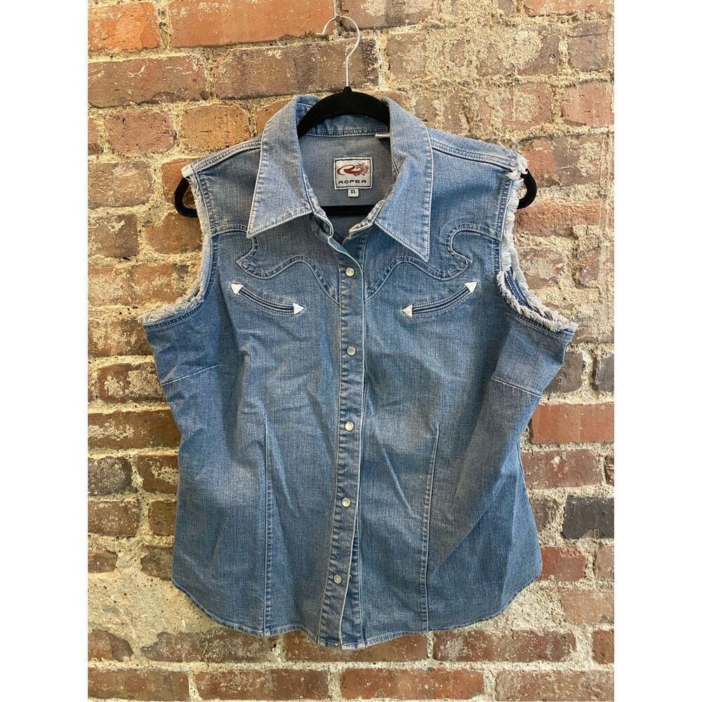 Roper Western Biker Blue Denim Fringed Vest Women’s Size XL